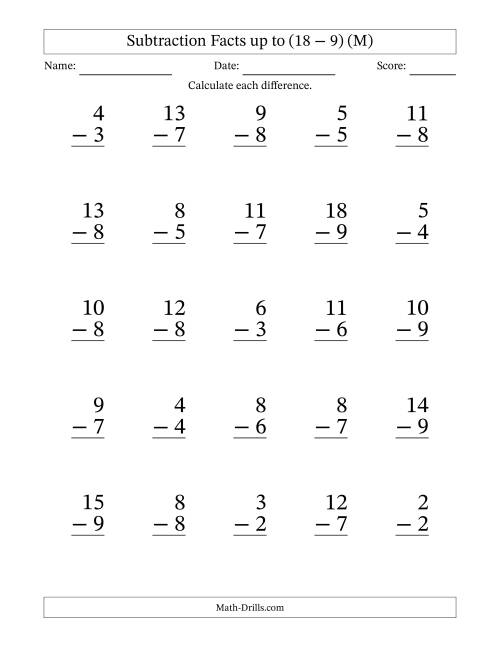 The Subtraction Facts from (0 − 0) to (18 − 9) – 25 Large Print Questions (M) Math Worksheet
