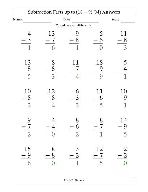The Subtraction Facts from (0 − 0) to (18 − 9) – 25 Large Print Questions (M) Math Worksheet Page 2