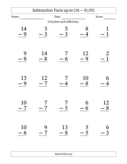 The Subtraction Facts from (0 − 0) to (18 − 9) – 25 Large Print Questions (N) Math Worksheet