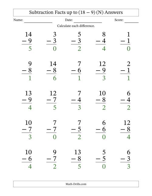 The Subtraction Facts from (0 − 0) to (18 − 9) – 25 Large Print Questions (N) Math Worksheet Page 2