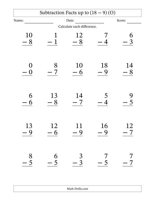 The Subtraction Facts from (0 − 0) to (18 − 9) – 25 Large Print Questions (O) Math Worksheet