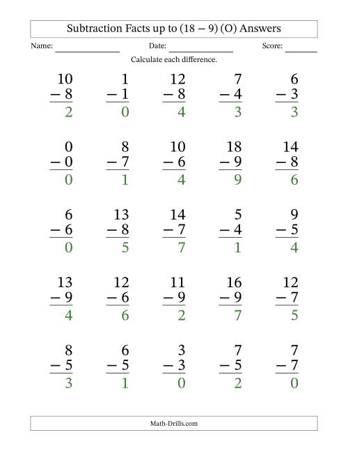 The Subtraction Facts from (0 − 0) to (18 − 9) – 25 Large Print Questions (O) Math Worksheet Page 2