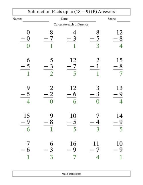 The Subtraction Facts from (0 − 0) to (18 − 9) – 25 Large Print Questions (P) Math Worksheet Page 2