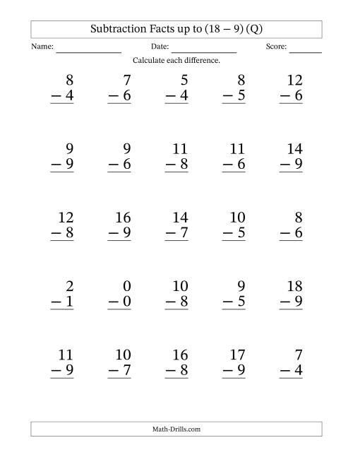 The Subtraction Facts from (0 − 0) to (18 − 9) – 25 Large Print Questions (Q) Math Worksheet