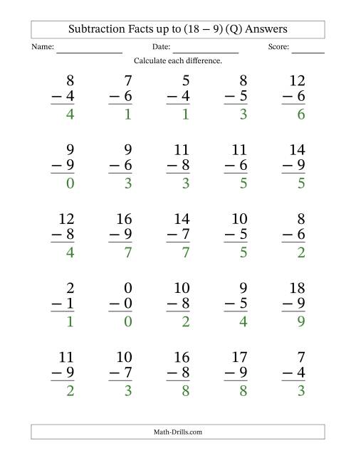 The Subtraction Facts from (0 − 0) to (18 − 9) – 25 Large Print Questions (Q) Math Worksheet Page 2