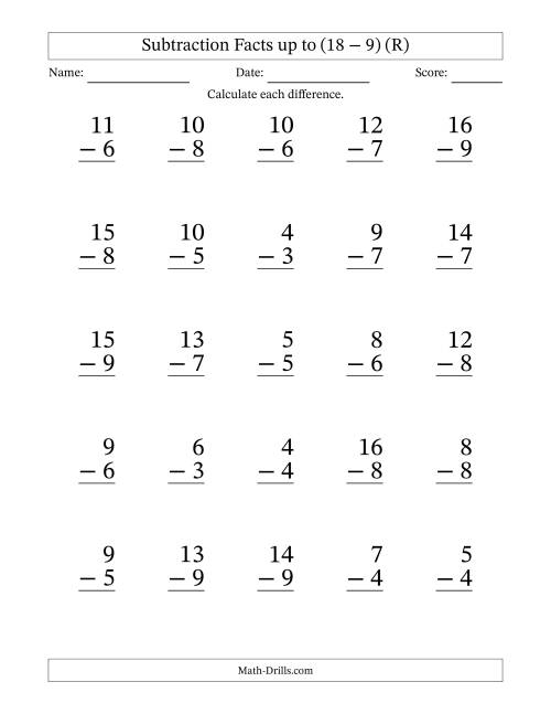 The Subtraction Facts from (0 − 0) to (18 − 9) – 25 Large Print Questions (R) Math Worksheet