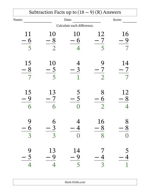 The Subtraction Facts from (0 − 0) to (18 − 9) – 25 Large Print Questions (R) Math Worksheet Page 2