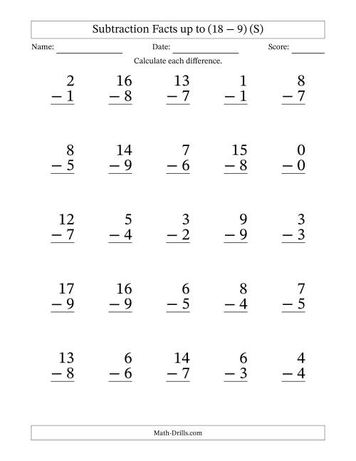 The Subtraction Facts from (0 − 0) to (18 − 9) – 25 Large Print Questions (S) Math Worksheet
