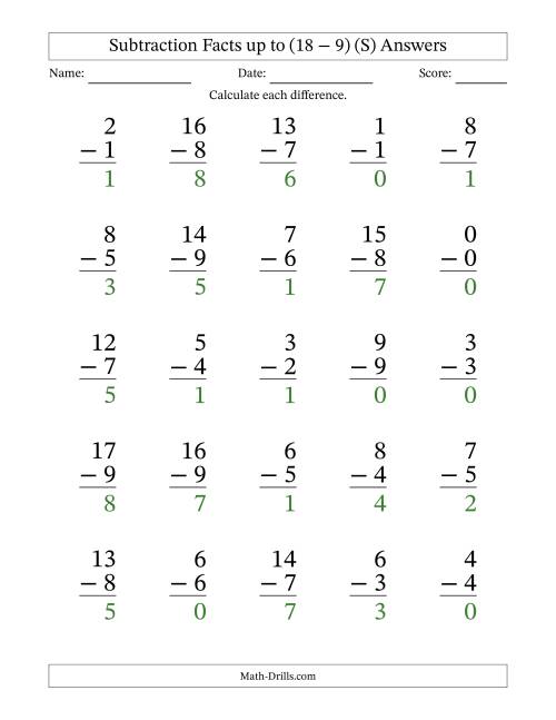 The Subtraction Facts from (0 − 0) to (18 − 9) – 25 Large Print Questions (S) Math Worksheet Page 2