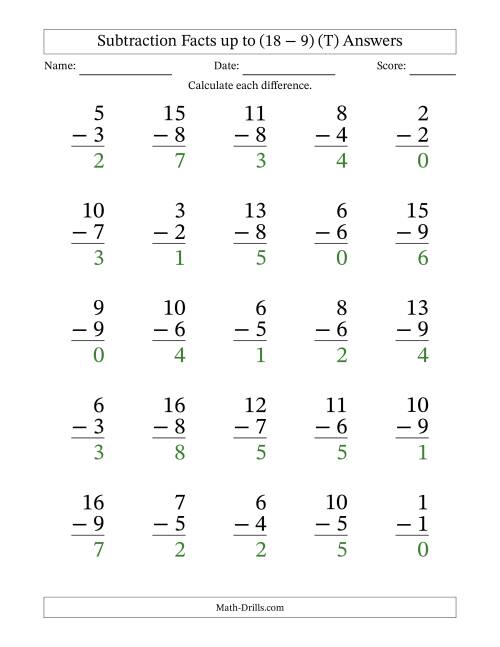The Subtraction Facts from (0 − 0) to (18 − 9) – 25 Large Print Questions (T) Math Worksheet Page 2