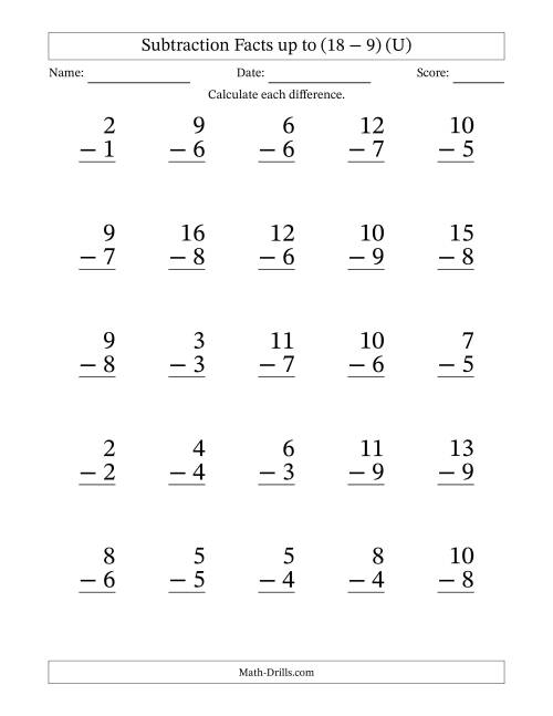 The Subtraction Facts from (0 − 0) to (18 − 9) – 25 Large Print Questions (U) Math Worksheet