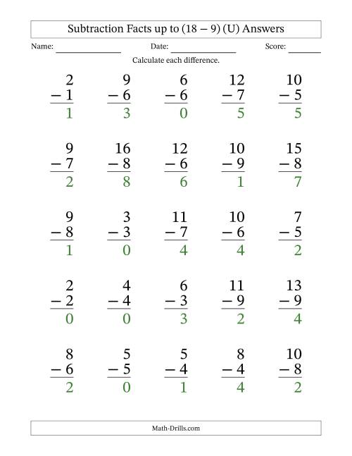 The Subtraction Facts from (0 − 0) to (18 − 9) – 25 Large Print Questions (U) Math Worksheet Page 2
