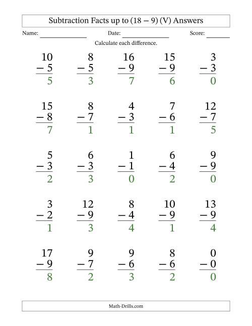 The Subtraction Facts from (0 − 0) to (18 − 9) – 25 Large Print Questions (V) Math Worksheet Page 2