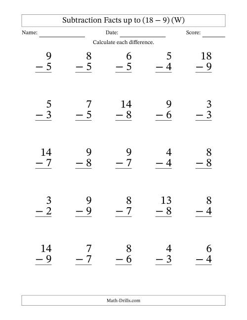 The Subtraction Facts from (0 − 0) to (18 − 9) – 25 Large Print Questions (W) Math Worksheet