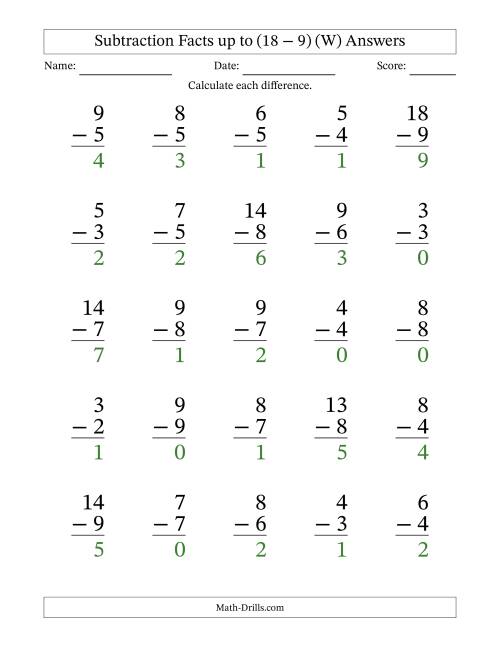The Subtraction Facts from (0 − 0) to (18 − 9) – 25 Large Print Questions (W) Math Worksheet Page 2