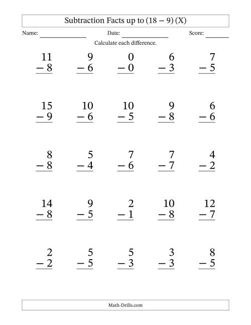 The Subtraction Facts from (0 − 0) to (18 − 9) – 25 Large Print Questions (X) Math Worksheet