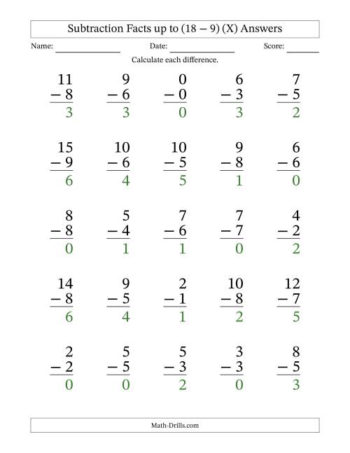 The Subtraction Facts from (0 − 0) to (18 − 9) – 25 Large Print Questions (X) Math Worksheet Page 2