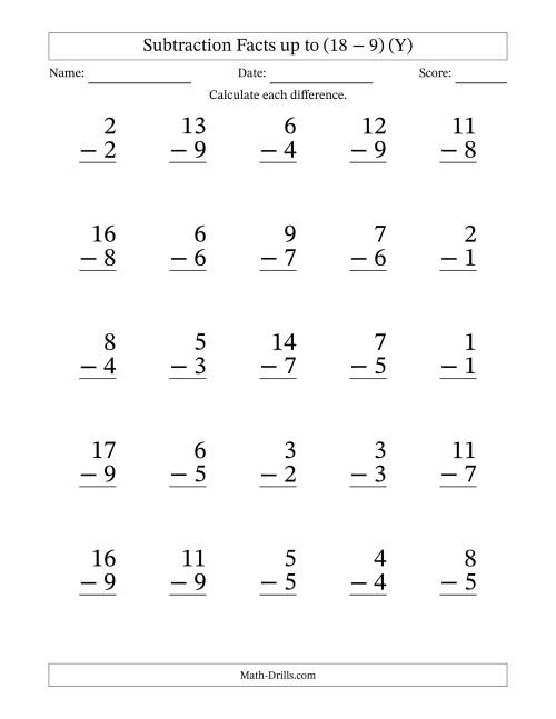 The Subtraction Facts from (0 − 0) to (18 − 9) – 25 Large Print Questions (Y) Math Worksheet