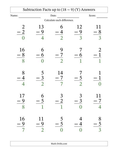 The Subtraction Facts from (0 − 0) to (18 − 9) – 25 Large Print Questions (Y) Math Worksheet Page 2
