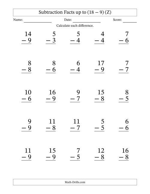 The Subtraction Facts from (0 − 0) to (18 − 9) – 25 Large Print Questions (Z) Math Worksheet