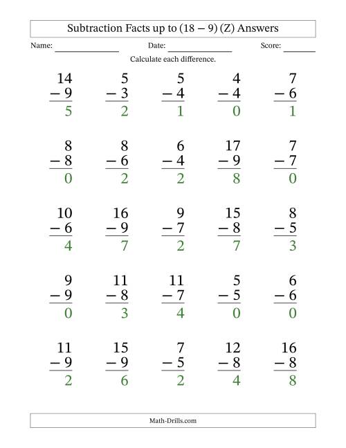 The Subtraction Facts from (0 − 0) to (18 − 9) – 25 Large Print Questions (Z) Math Worksheet Page 2