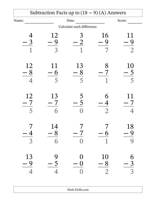 The 25 Vertical Subtraction Facts with Minuends from 0 to 18 (All) Math Worksheet Page 2