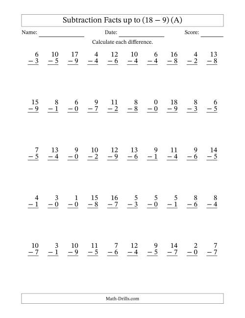 The 50 Vertical Subtraction Facts with Minuends from 0 to 18 (A) Math Worksheet
