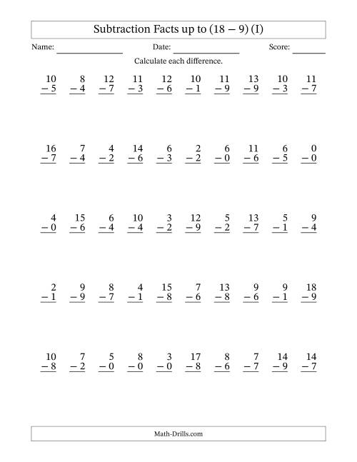 The Subtraction Facts from (0 − 0) to (18 − 9) – 50 Questions (I) Math Worksheet