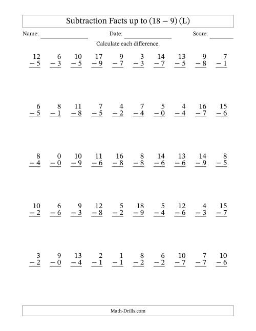 The Subtraction Facts from (0 − 0) to (18 − 9) – 50 Questions (L) Math Worksheet