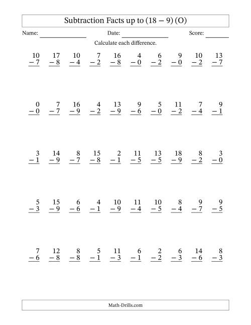The Subtraction Facts from (0 − 0) to (18 − 9) – 50 Questions (O) Math Worksheet