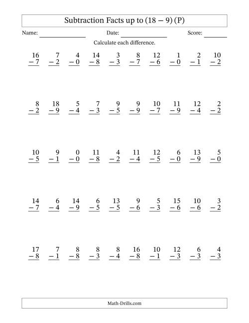 The Subtraction Facts from (0 − 0) to (18 − 9) – 50 Questions (P) Math Worksheet