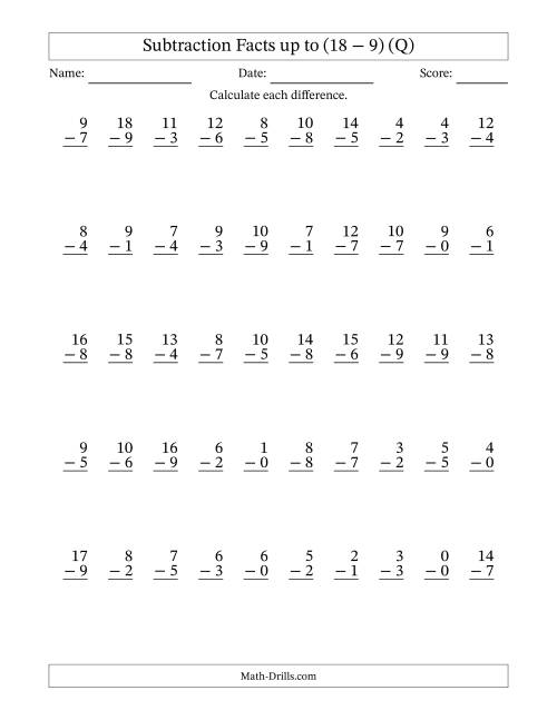 The Subtraction Facts from (0 − 0) to (18 − 9) – 50 Questions (Q) Math Worksheet