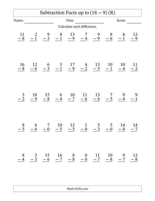 The Subtraction Facts from (0 − 0) to (18 − 9) – 50 Questions (R) Math Worksheet