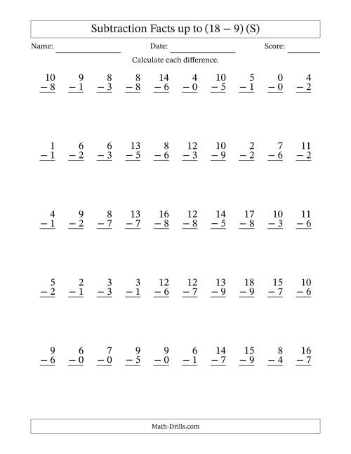 The Subtraction Facts from (0 − 0) to (18 − 9) – 50 Questions (S) Math Worksheet