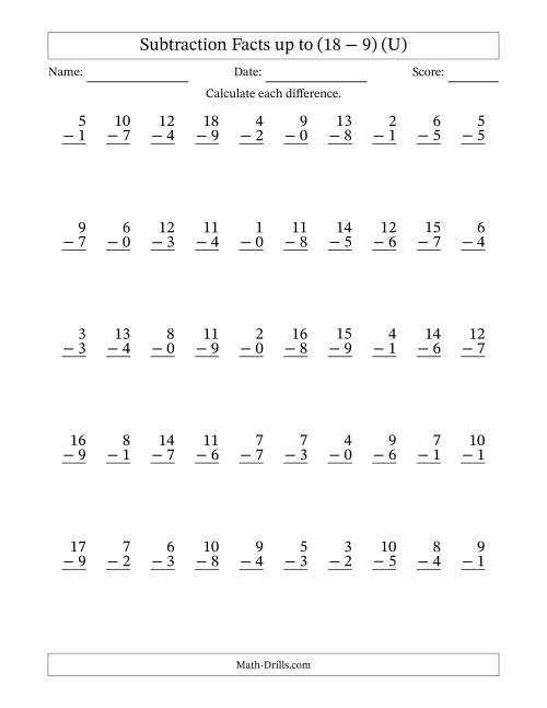 The Subtraction Facts from (0 − 0) to (18 − 9) – 50 Questions (U) Math Worksheet