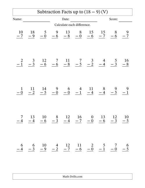 The Subtraction Facts from (0 − 0) to (18 − 9) – 50 Questions (V) Math Worksheet