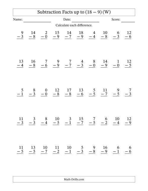 The Subtraction Facts from (0 − 0) to (18 − 9) – 50 Questions (W) Math Worksheet