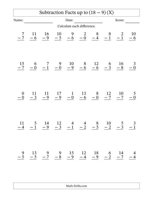 The Subtraction Facts from (0 − 0) to (18 − 9) – 50 Questions (X) Math Worksheet