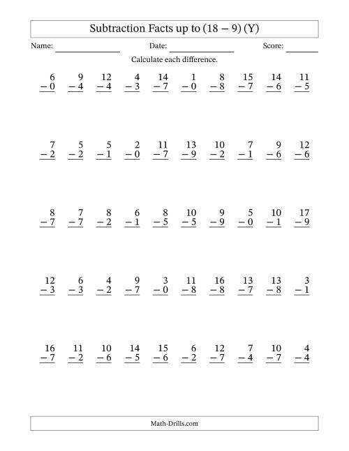 The Subtraction Facts from (0 − 0) to (18 − 9) – 50 Questions (Y) Math Worksheet