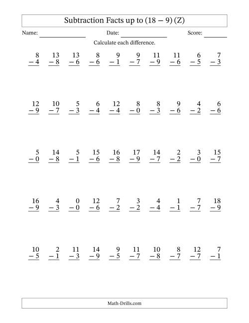 The Subtraction Facts from (0 − 0) to (18 − 9) – 50 Questions (Z) Math Worksheet