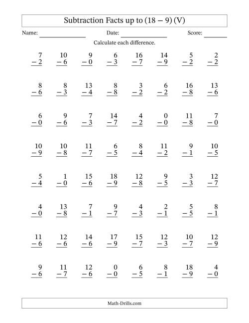 The Subtraction Facts from (0 − 0) to (18 − 9) – 64 Questions (V) Math Worksheet