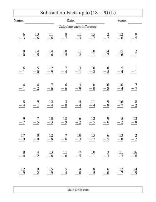 The Subtraction Facts from (0 − 0) to (18 − 9) – 81 Questions (L) Math Worksheet
