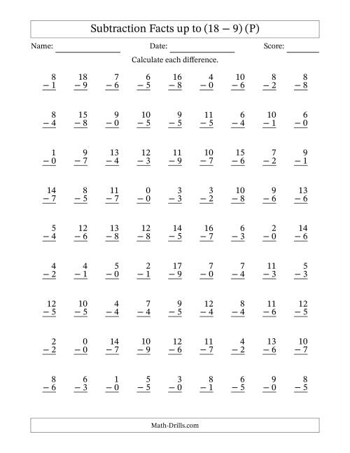 The Subtraction Facts from (0 − 0) to (18 − 9) – 81 Questions (P) Math Worksheet