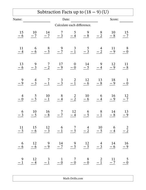 The Subtraction Facts from (0 − 0) to (18 − 9) – 81 Questions (U) Math Worksheet