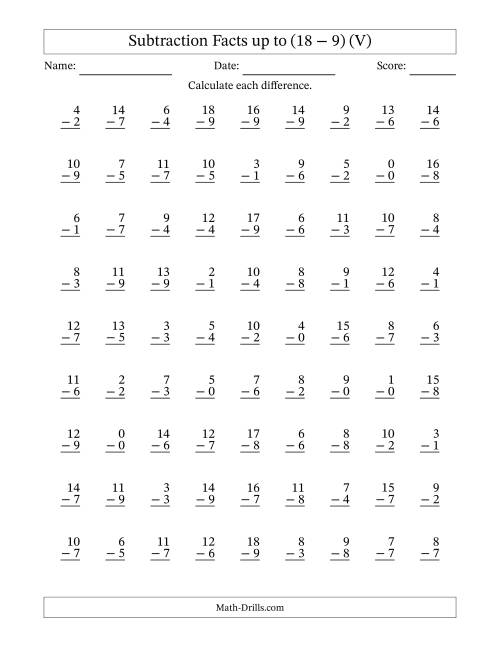 The Subtraction Facts from (0 − 0) to (18 − 9) – 81 Questions (V) Math Worksheet