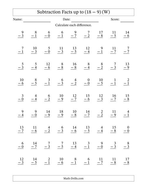 The Subtraction Facts from (0 − 0) to (18 − 9) – 81 Questions (W) Math Worksheet
