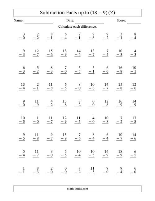 The Subtraction Facts from (0 − 0) to (18 − 9) – 81 Questions (Z) Math Worksheet