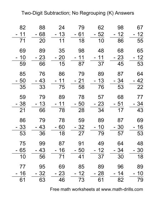 two digit subtraction with no regrouping 49 questions k