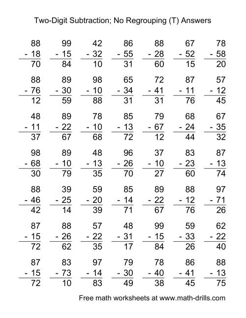 two digit subtraction with no regrouping 49 questions t