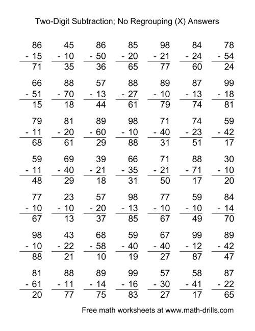 two digit subtraction with no regrouping 49 questions x